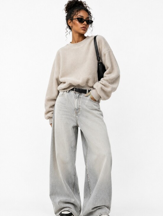 Good American Sweaters - Cozy Oversized Teddy Fleece Sweatshirt Pullover Soft Neutral Lounge Sweater